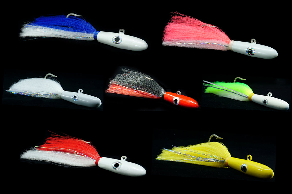 Collection of Deep Jig Lures in assorted colors, gulfstream lures, bottom jigs, bottom lures, grouper lures, snapper lures, amberjack lures, shark lures, halibut lures