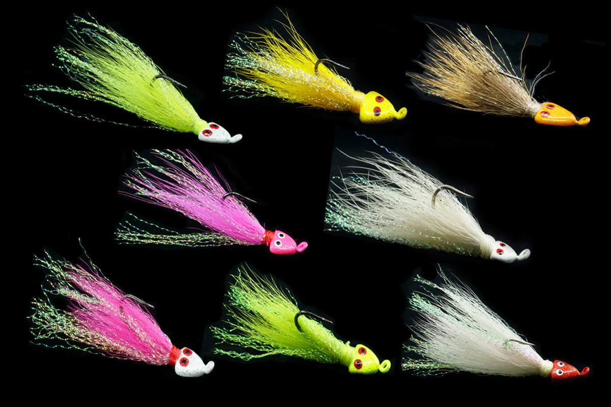 Collection of Flats Jigs in assorted color combinations, gulfstream lures, best flats jig, flats jig, permit jig, permit lure, bonefish jig, bonefish lure, classic lures