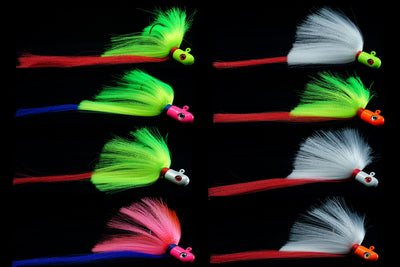 Collection of Pro Flair Hawk Jigs in assorted color combinations with 3D eyes, gulfstream lures, saltwater lures, saltwater jigs, snook lures, snook jigs, tarpon lures, tarpon jigs, cobia lures, cobia jigs 