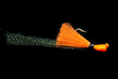 Orange head with orange body and black tail pea hawk jig, gulfstream lures, peacock bass lure, peacock bass jig, mangrove snapper lure, mangrove snapper jig, redfish lure, redfish jig, casting jig