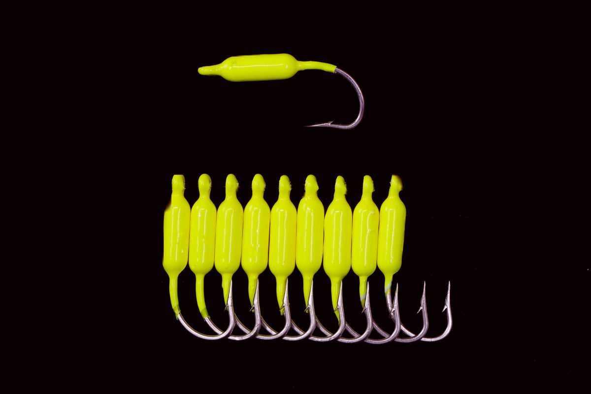 Yellow Reef Seas Pieces in Packs of 10, Best yellow tail lure, also used as a mangrove snapper lure, reef fish lure, baitfish lure when baited with small pieces of shrimp, belly strips or silver sides. By gulfstream lures, saltwater lures, bait fish lures