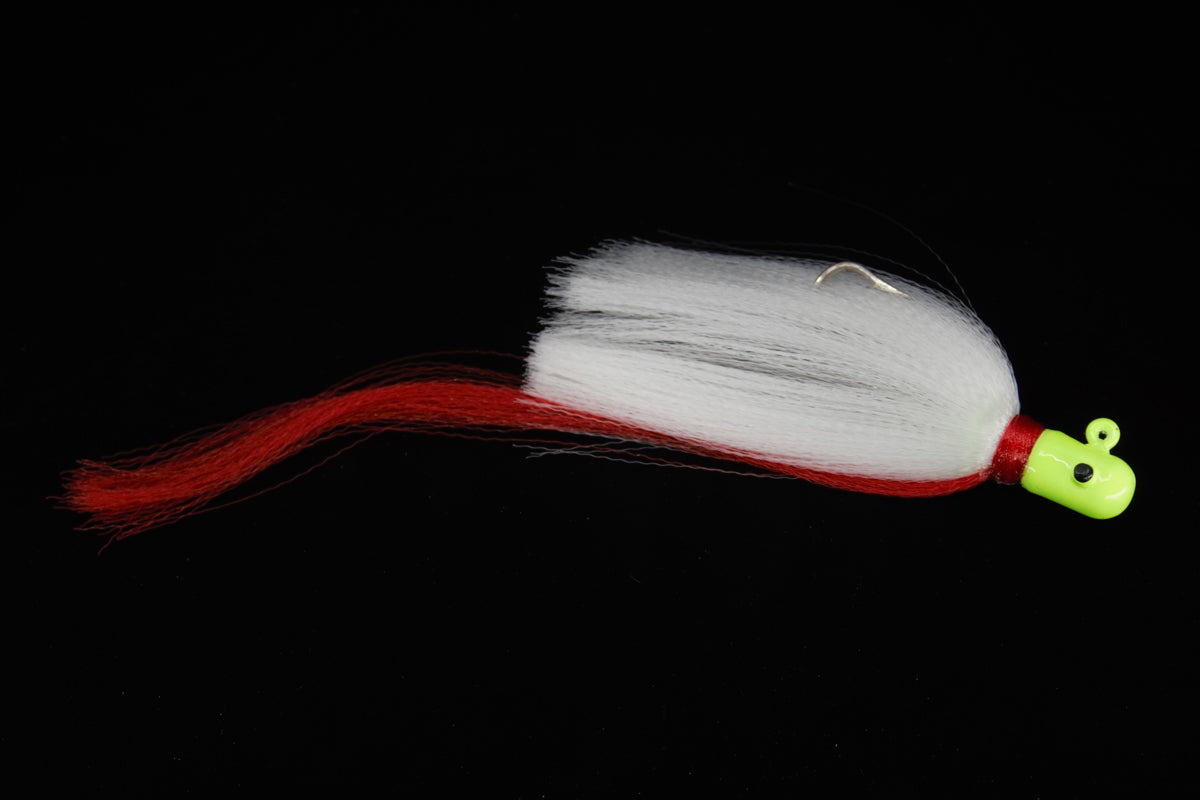 White Flair Hawk Lure with chartreuse head and red tail, gulfstream lures, snook lures, tarpon lures, saltwater lures, best snook lure