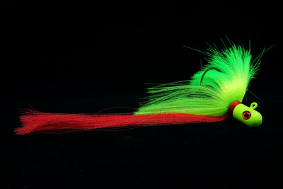  Pro Flair Hawk with chartreuse head and body and red tail, Jigs with 3D eyes, gulfstream lures, saltwater lures, saltwater jigs, snook lure, snook jig, tarpon lure, tarpon jig, cobia lure, cobia jig