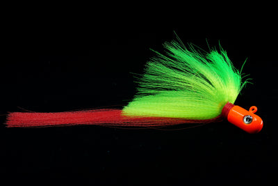 Pro Flair Hawk with Orange head, chartreuse body and red tail, Jigs with 3D eyes, gulfstream lures, saltwater lures, saltwater jigs, snook lure, snook jig, tarpon lure, tarpon jig, cobia lure, cobia jig