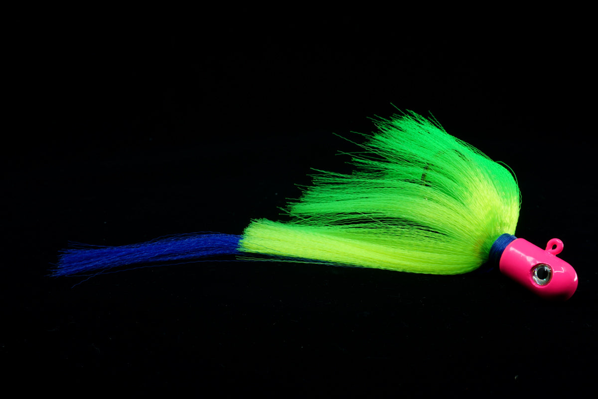 Pro Flair Hawk with Pink head, chartreuse body and blue tail, Jigs with 3D eyes, gulfstream lures, saltwater lures, saltwater jigs, snook lure, snook jig, tarpon lure, tarpon jig, cobia lure, cobia jig