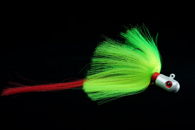 Pro Flair Hawk with white head, chartreuse body and red tail, Jigs with 3D eyes, gulfstream lures, saltwater lures, saltwater jigs, snook lure, snook jig, tarpon lure, tarpon jig, cobia lure, cobia jig
