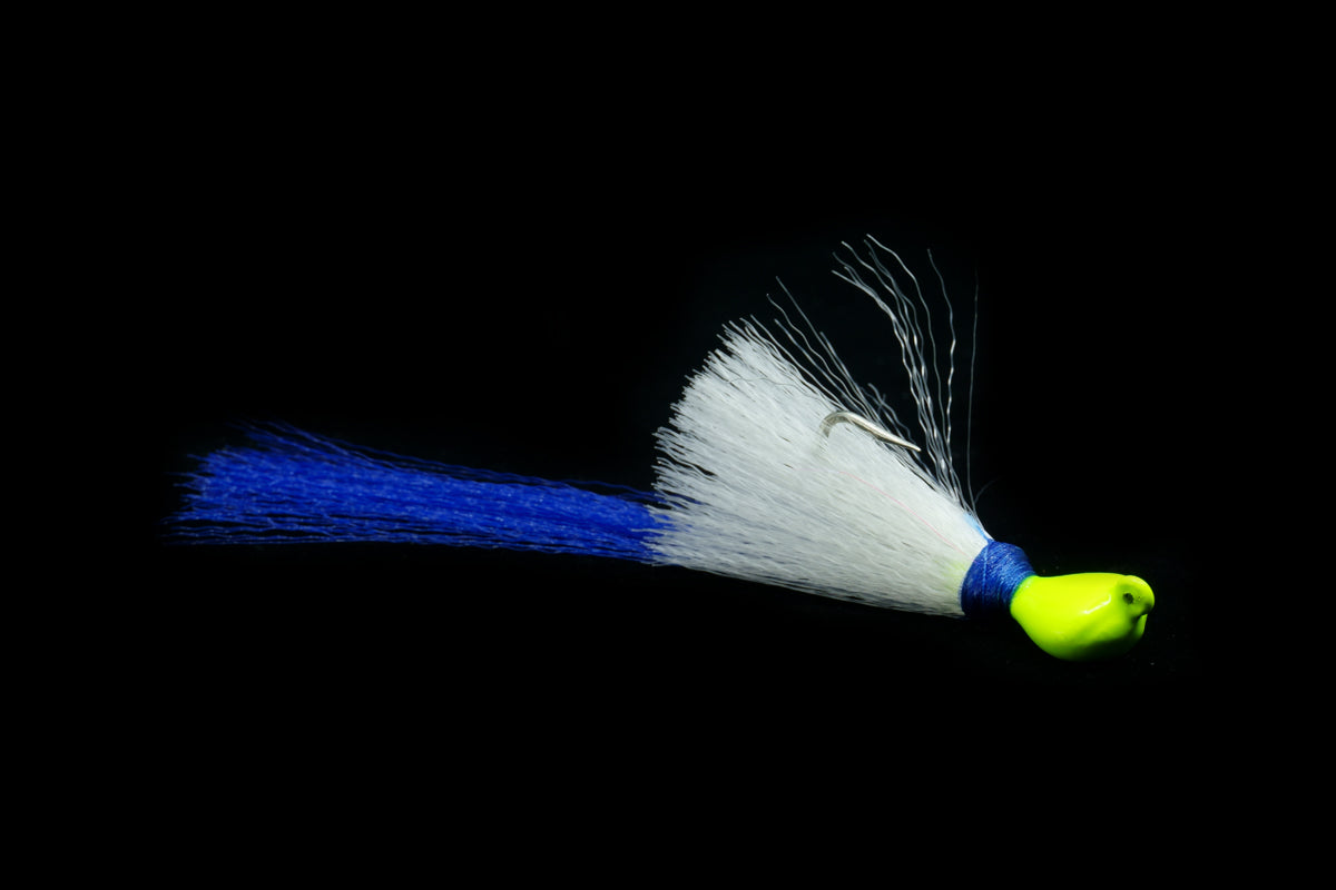 chartreuse head with white body and blue tail pea hawk jig, gulfstream lures, peacock bass lure, peacock bass jig, mangrove snapper lure, mangrove snapper jig, redfish lure, redfish jig, casting jig