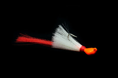 orange head with white body and red tail pea hawk jig, gulfstream lures, peacock bass lure, peacock bass jig, mangrove snapper lure, mangrove snapper jig, redfish lure, redfish jig, casting jig