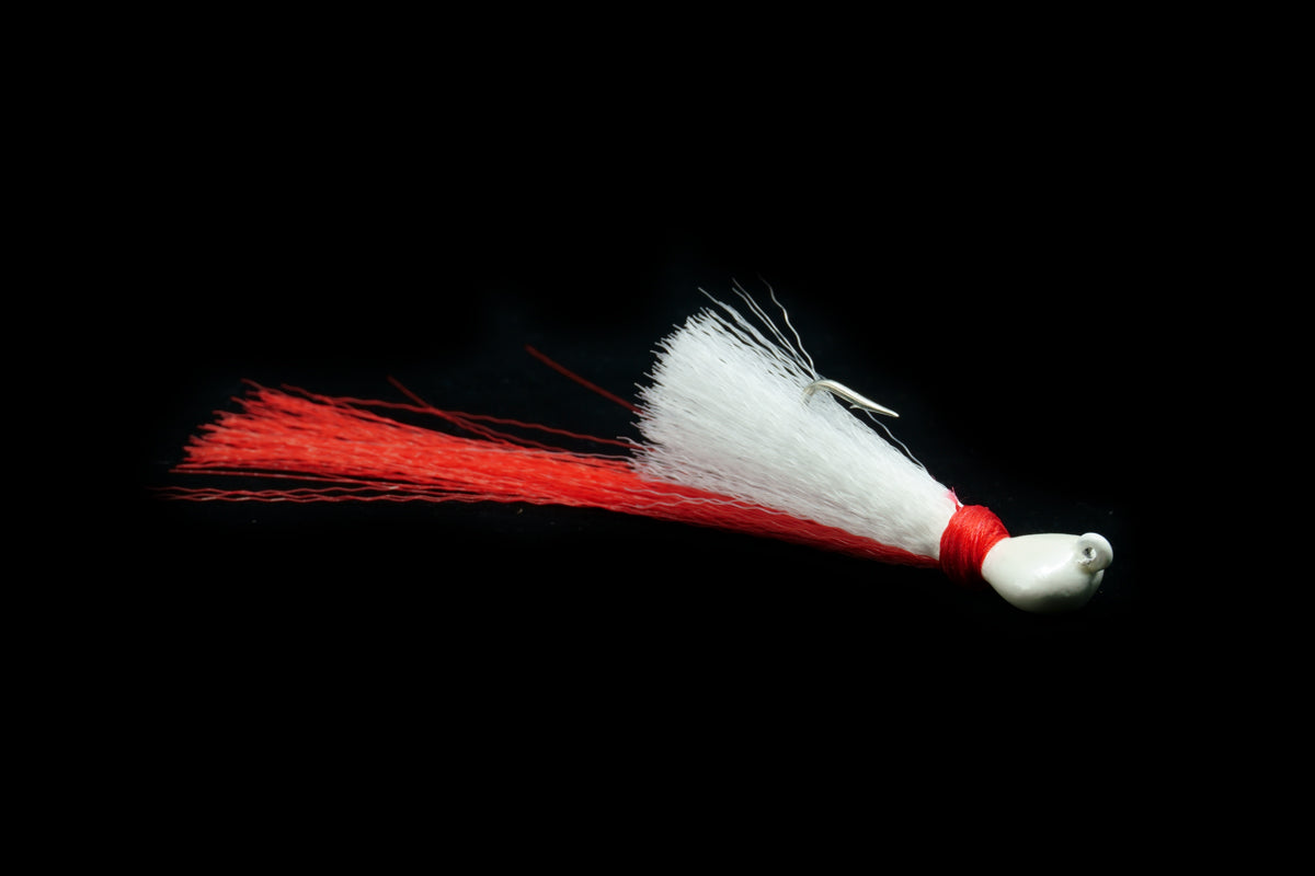 white head with white body and red tail pea hawk jig, gulfstream lures, peacock bass lure, peacock bass jig, mangrove snapper lure, mangrove snapper jig, redfish lure, redfish jig, casting jig