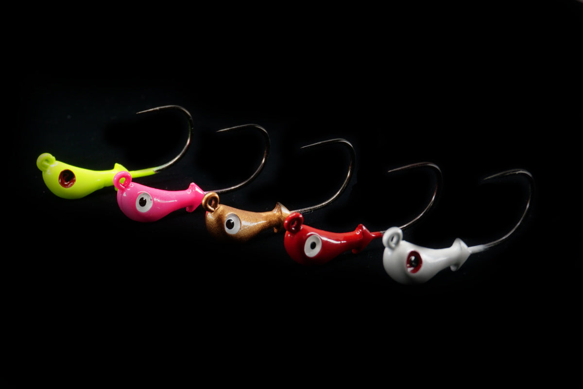 collection of Pro Rite Jig Heads in assorted colors, gulfstream lures, saltwater jig heads, casting jigs, snook jig, snook lure, seatrout jig, seatrout lure, redfish jig, redfish lure, flounder jig, flounder lure, bonefish jig, bonefish lure, triple tail jig, triple tail lure, weedless jig head