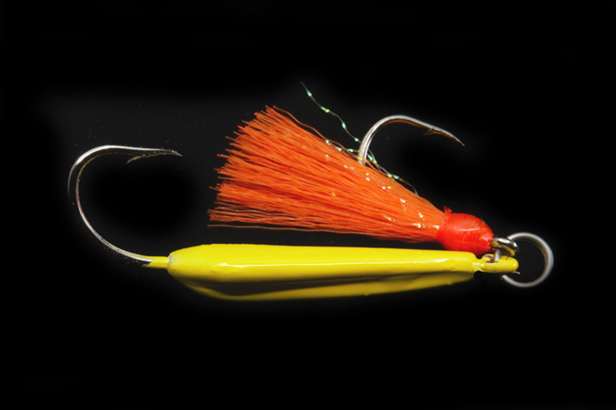 Gulfstream Lures High Jinx Pro, Yellow Body and Orange Teaser, Jigs with Chartreuse, Orange, Pink, and Yellow Bodies. Pompano Jig, Bluefish Jig, Bonefish Jig and Mackerel Jig, Saltwater Lures, Saltwater Jigs
