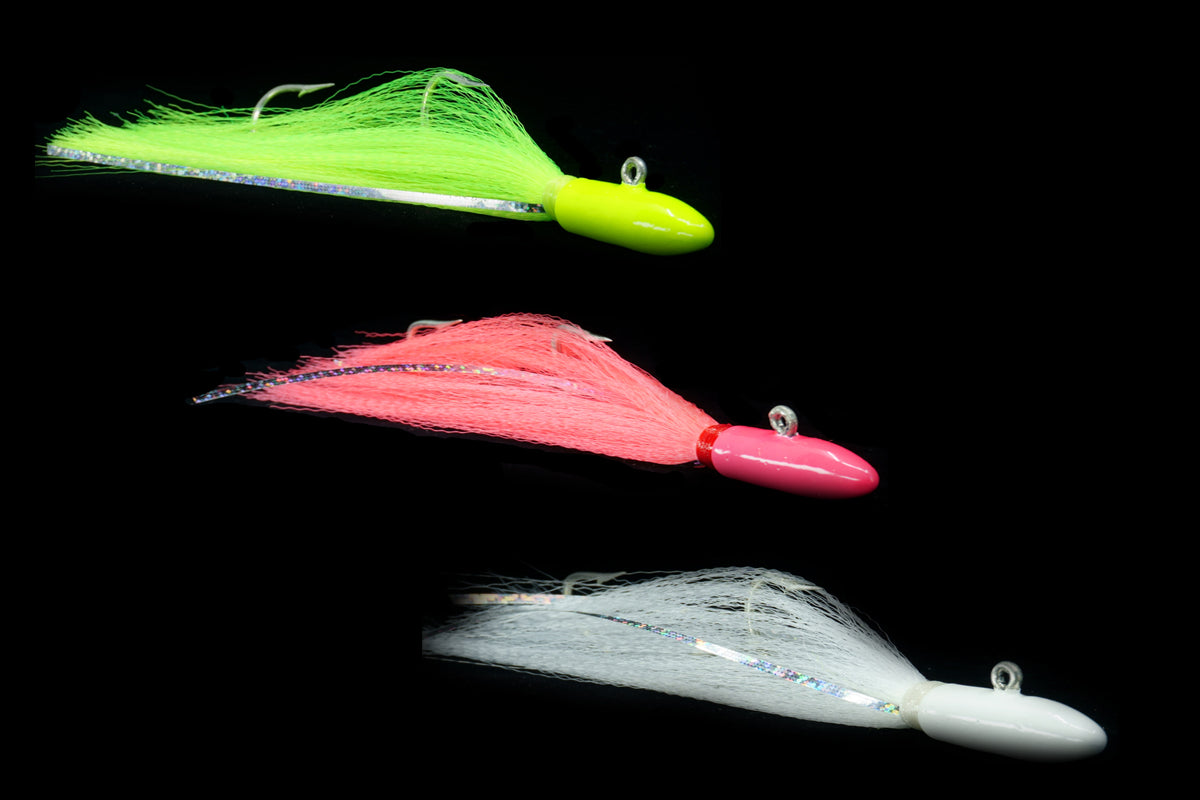Collection of Kingfish Jigs in assorted colors, kingfish jigs with double hooks, best kingfish jig, best kingfish lure, saltwater jigs, saltwater lures