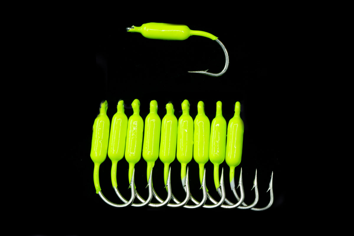 Chartreuse Reef Seas Pieces in Packs of 10, Best yellow tail lure, also used as a mangrove snapper lure, reef fish lure, baitfish lure when baited with small pieces of shrimp, belly strips or silver sides. By gulfstream lures, saltwater lures, bait fish lures