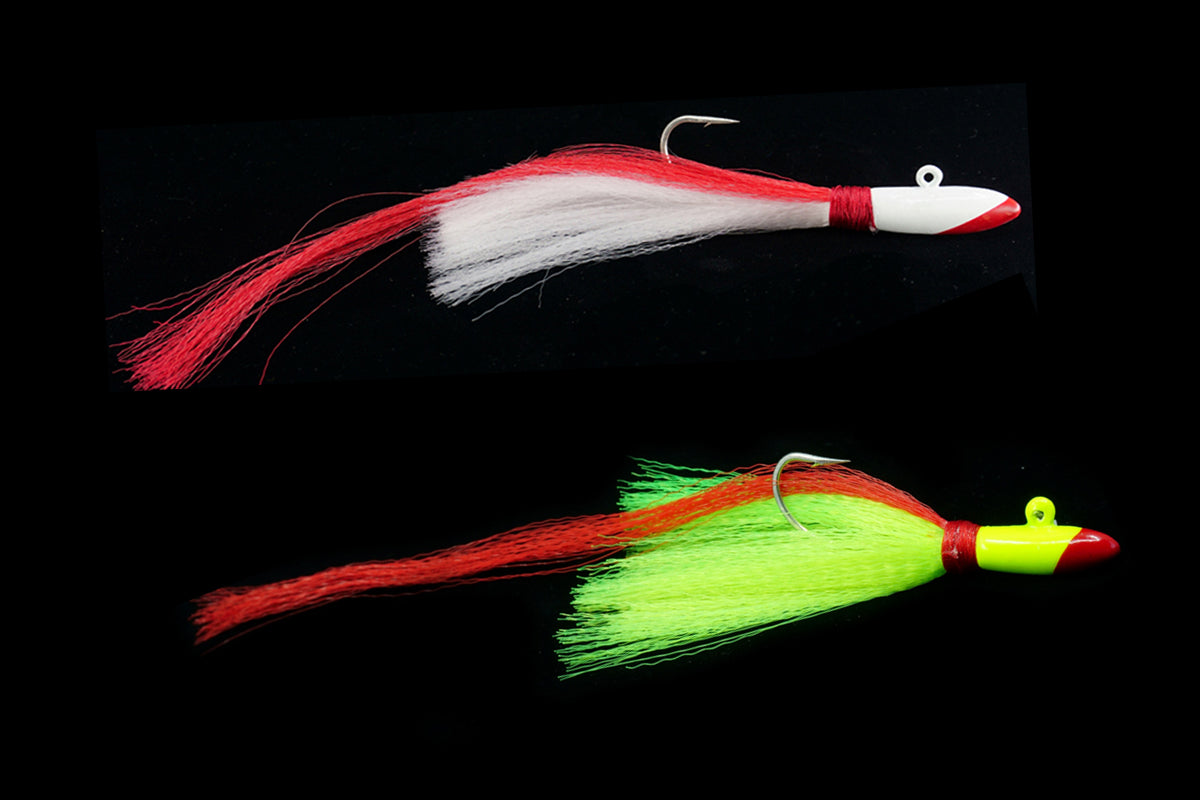 Red and White Red Tail Hawk and Red and Chartreuse Red Tail Hawk by Gulfstream Lures, saltwater jigs, casting jigs, bottom jigs, Snapper Jigs, Snapper lures,  Saltwater Lures, Snook Jigs, Snook Lures, Grouper Jigs, Grouper Lures, Kingfish lures