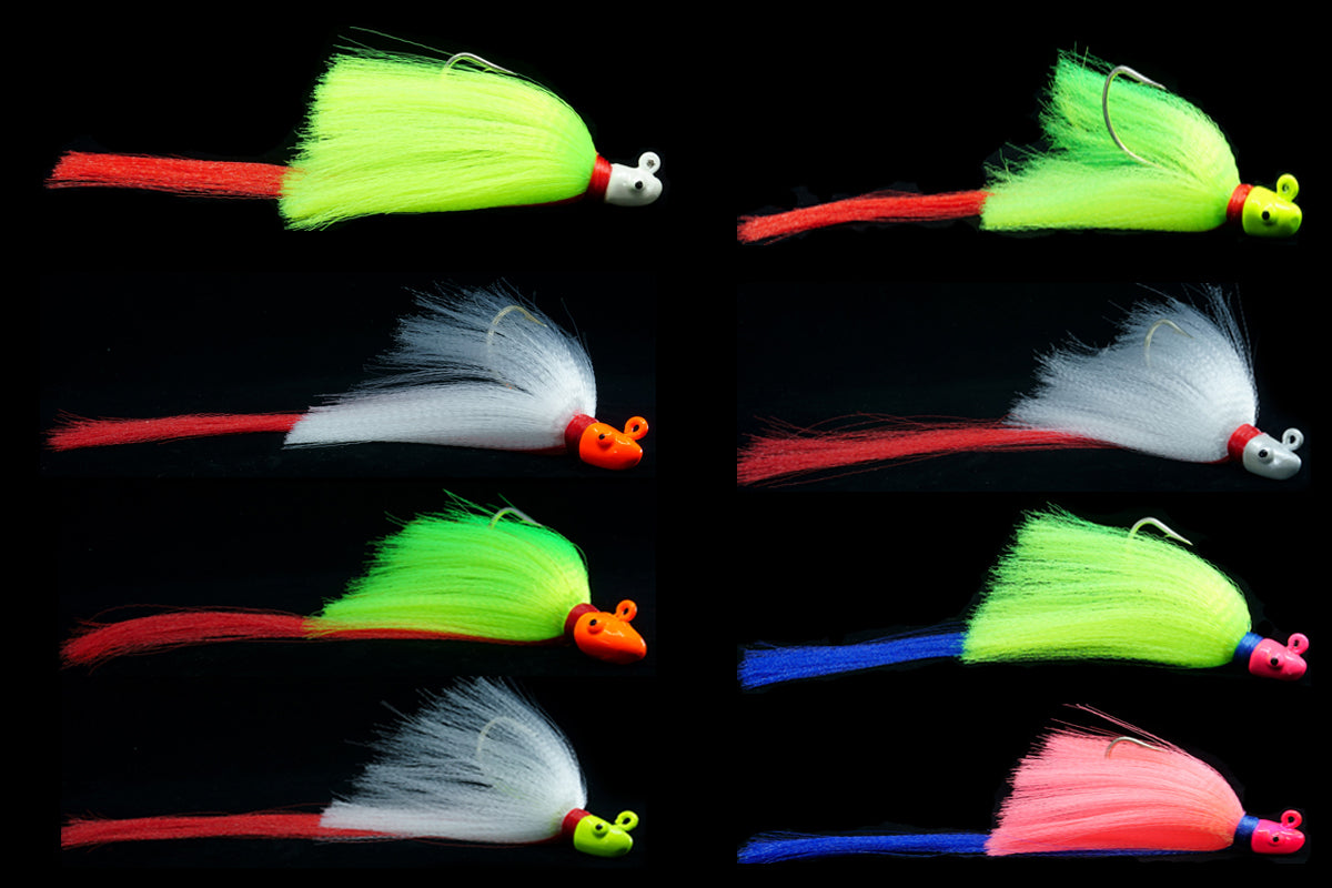 Collection of Snook Slayer lures in various colors.  This Gulfstream Lures jig is great as a Snook Jig, Snook Lure, Tarpon Jig, Tarpon Lure, Cobia Jig, Cobia Lure, Striped Bass Jig, Striped Bass lure. Saltwater lures, Saltwater jigs.