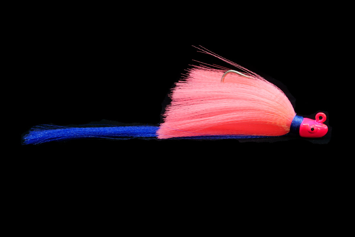 Snook Slayer with Pink Head, Pink Body and Blue Tail. This Gulfstream Lures jig is great as a Snook Jig, Snook Lure, Tarpon Jig, Tarpon Lure, Cobia Jig, Cobia Lure, Striped Bass Jig, Striped Bass lure. Saltwater lures, Saltwater jigs.