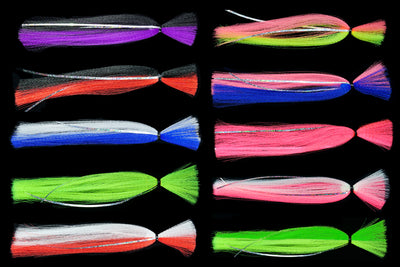 Collection of Trolling Witches in assorted colors.  These Gulfstream Lures  are made with high quality nylon streamers.  These trolling streamers are the perfect compliment to rig with ballyhoo, belly strips, squid, etc. used as sailfish lures, dolphin lures, tuna lures, wahoo lures, and kingfish lures.  Trolling Lures and Trolling Streamers.  Trolling Skirts and Trolling Rigs.