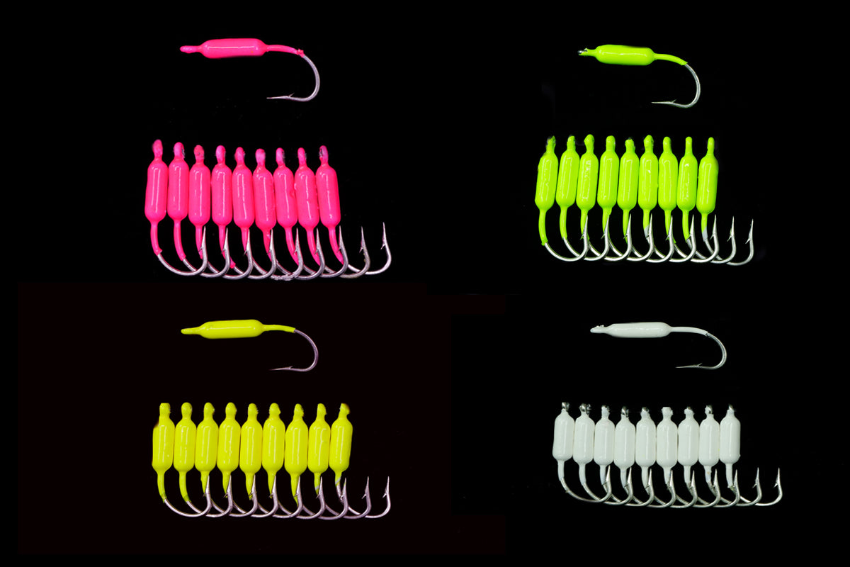 Collection of Reef Seas Pieces Packs of 10 in various colors.  Best yellow tail lure, also used as a mangrove snapper lure, reef fish lure, baitfish lure when baited with small pieces of shrimp, belly strips or silver sides. By gulfstream lures, saltwater lures, bait fish lures