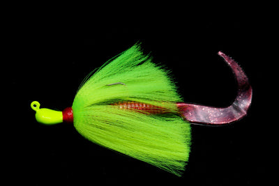 Chartreuse Cobia Slayer Lure with red soft tail teaser, Gulfstream Lures, Cobia Lures, Bottom Lures, Bottom Jigs,  Saltwater Lures