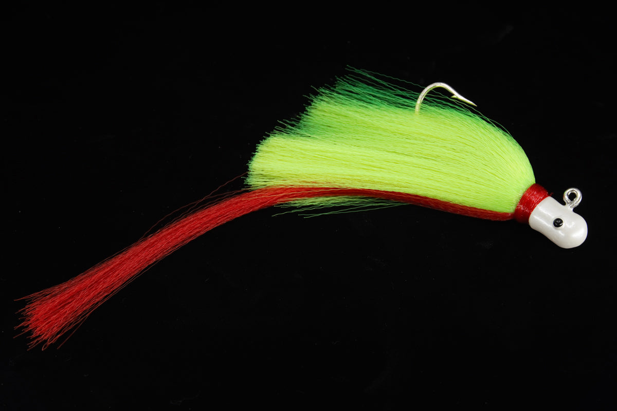 Chartreuse Flair Hawk Lure with white head and red tail, gulfstream lures, snook lures, tarpon lures, saltwater lures, best snook lure