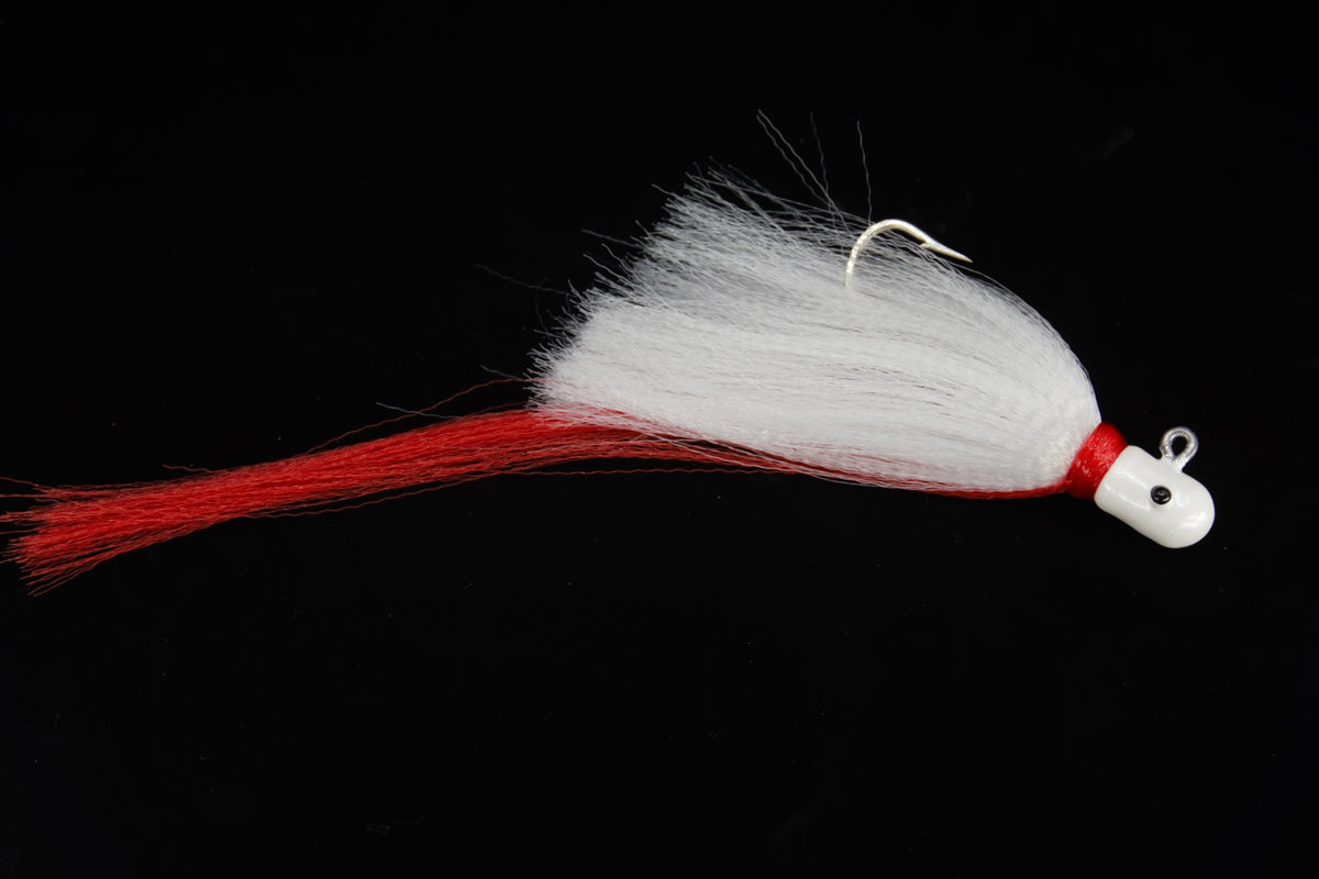 White Flair Hawk Lure with white head and red tail, gulfstream lures, snook lures, tarpon lures, saltwater lures, best snook lure
