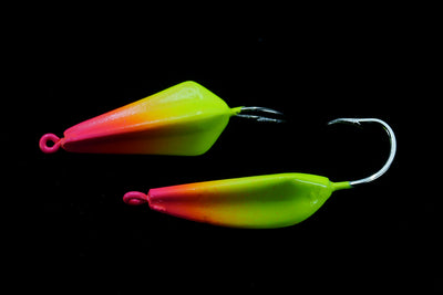 Chartreuse and pink High Jinx jig, gulfstream lures, pompano jig, pompano lure, bluefish jig, bluefish lure, mackerel jig, mackerel lure, bonefish jig, bonefish lure