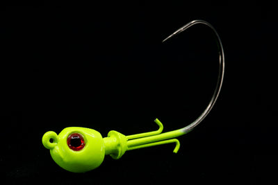 Chartreuse Pro Skimmer Jig Head with 3D eyes and patented no fail bait keeper. Jig Head for soft tails, saltwater lures, gulfstream lures, best snook jig head,  best seatrout jig head, best redfish jig head, best flounder jig head, best triple tail jig head, casting jigs, jig head for soft plastics
