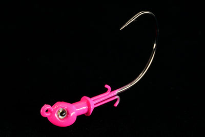 Pink Pro Skimmer Jig Head with 3D eyes and patented no fail bait keeper. Jig Head for soft tails, saltwater lures, gulfstream lures, best snook jig head, best seatrout jig head, best redfish jig head, best flounder jig head, best triple tail jig head, casting jigs, jig head for soft plastic