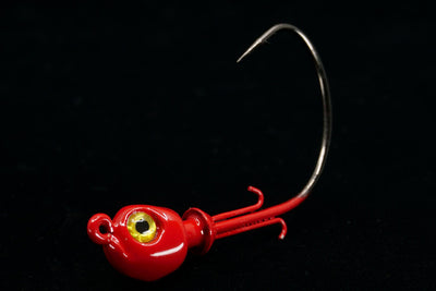 Red Pro Skimmer Jig Head with 3D eyes and patented no fail bait keeper. Jig Head for soft tails, saltwater lures, gulfstream lures, best snook jig head, best seatrout jig head, best redfish jig head, best flounder jig head, best triple tail jig head, casting jigs, jig head for soft plastic