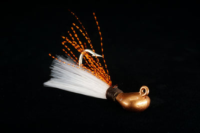  Redfish jig with gold head and white body, gulfstream lures, these are saltwater jigs and saltwater lures. They are also used as pompano jigs, pompano lures, snook jigs, snook lures, sea trout jigs, seatrout lures, bonefish jigs, bonefish lures, snapper jigs, snapper lures, permit jigs and permit lures. These are the absolute best redfish jigs.