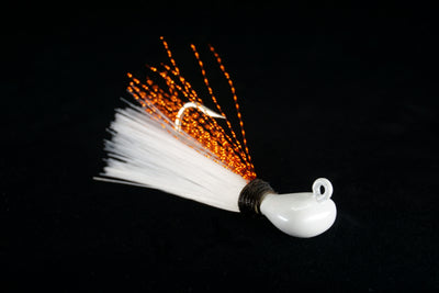 Redfish jig with white head and white body, gulfstream lures, these are saltwater jigs and saltwater lures. They are also used as pompano jigs, pompano lures, snook jigs, snook lures, sea trout jigs, seatrout lures, bonefish jigs, bonefish lures, snapper jigs, snapper lures, permit jigs and permit lures. These are the absolute best redfish jigs.