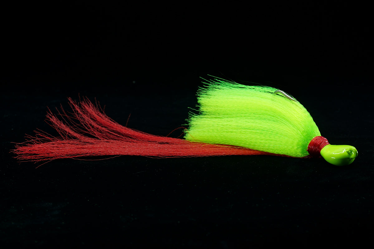 Skimmer Flair Hawk lures with chartreuse Head, chartreuse body and red tail.. This gulfstream lure is great as snook lure, snook jig, Tarpon Lure, Tarpon Jig, Cobia Lure, Cobia Jig, Bottom Jig and more. It is very effective both a near shore and offshore saltwater lure
