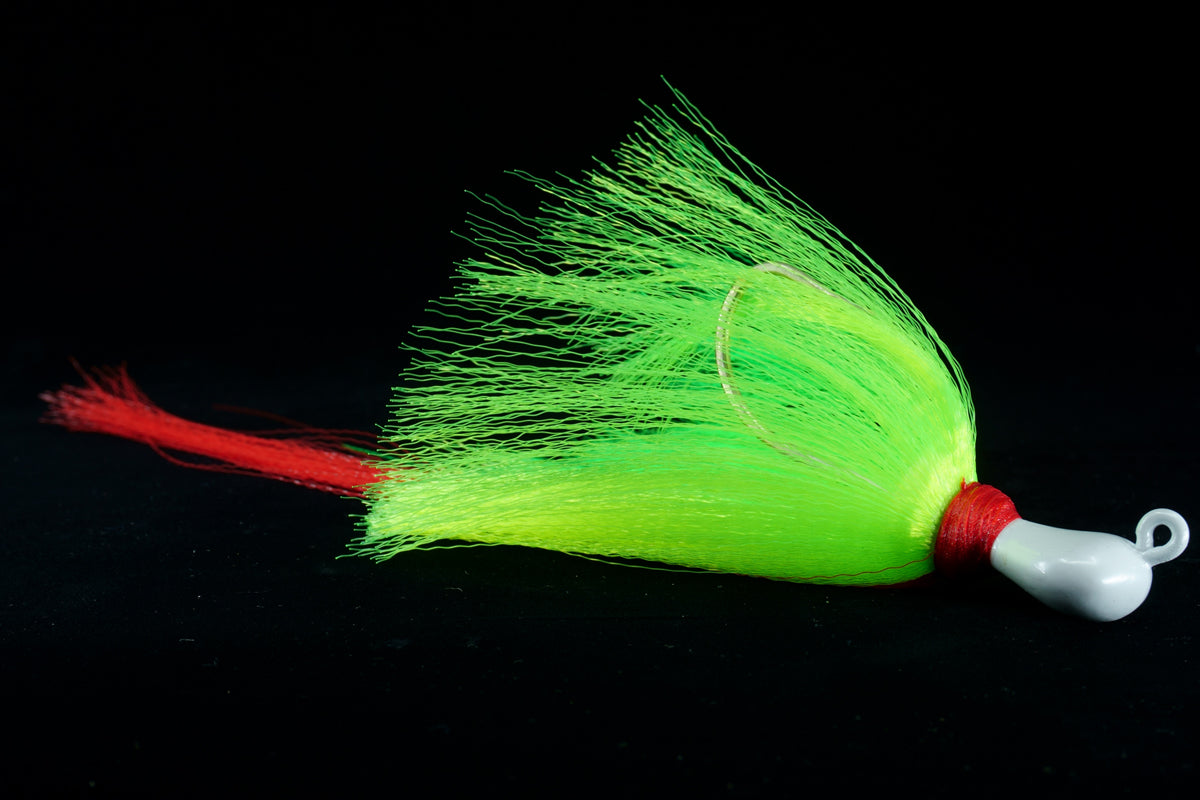 Skimmer Flair Hawk lures with white  Head, chartreuse body and red tail.. This gulfstream lure is great as snook lure, snook jig, Tarpon Lure, Tarpon Jig, Cobia Lure, Cobia Jig, Bottom Jig and more. It is very effective both a near shore and offshore saltwater lure