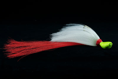 Skimmer Flair Hawk lures with chartreuse Head, white body and red tail.. This gulfstream lure is great as snook lure, snook jig, Tarpon Lure, Tarpon Jig, Cobia Lure, Cobia Jig, Bottom Jig and more. It is very effective both a near shore and offshore saltwater lure