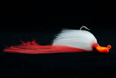 Skimmer Flair Hawk lures with Orange Head, white body and red tail.. This gulfstream lure is great as snook lure, snook jig, Tarpon Lure, Tarpon Jig, Cobia Lure, Cobia Jig, Bottom Jig and more. It is very effective both a near shore and offshore saltwater lure