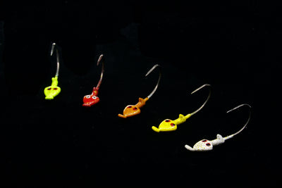 Collection of Shrimp Tease Jig Heads in various colors.  These Gulfstream Lures are great when adding shrimp or soft baits as Snook Lures, Seatrout lures, redfish lures, tarpon lures, bonefish lures, flats lures, ladyfish lures,  and jack lures.  These are saltwater jigs and saltwater lures.