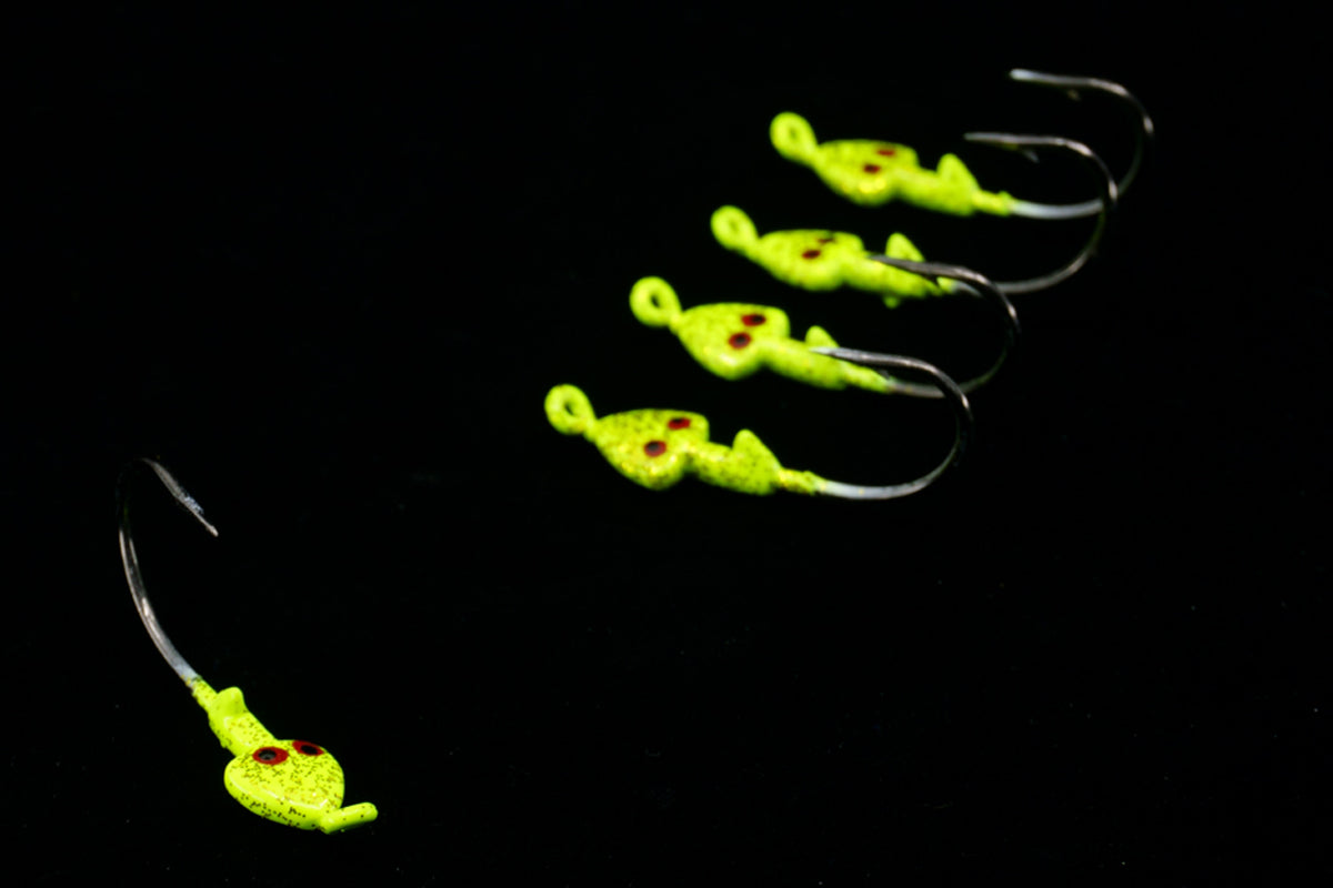 Chartreuse Shrimp Tease Jig Heads. These Gulfstream Lures are great when adding shrimp or soft baits as Snook Lures, Seatrout lures, redfish lures, tarpon lures, bonefish lures, flats lures, ladyfish lures, and jack lures. These are saltwater jigs and saltwater lures.
