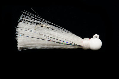 White Yellow Tail Jigs. This Gulfstream Lure with a bell-shaped head, nylon skirt and flashy Mylar strips make the Yellowtail Jig irresistible. It is the best yellow tail jig and also great when used as Pompano Jig, Spanish Mackerel lure, Jack lure. Saltwater casting jigs, saltwater casting lure.